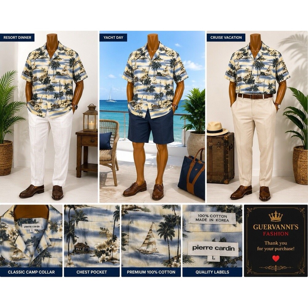Pierre Cardin Men's Cotton Short Sleeve Hawaiian Tropical Button-Up Shirt L